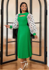 Polka Dot Lantern Sleeves Cut Out Pleated Dress